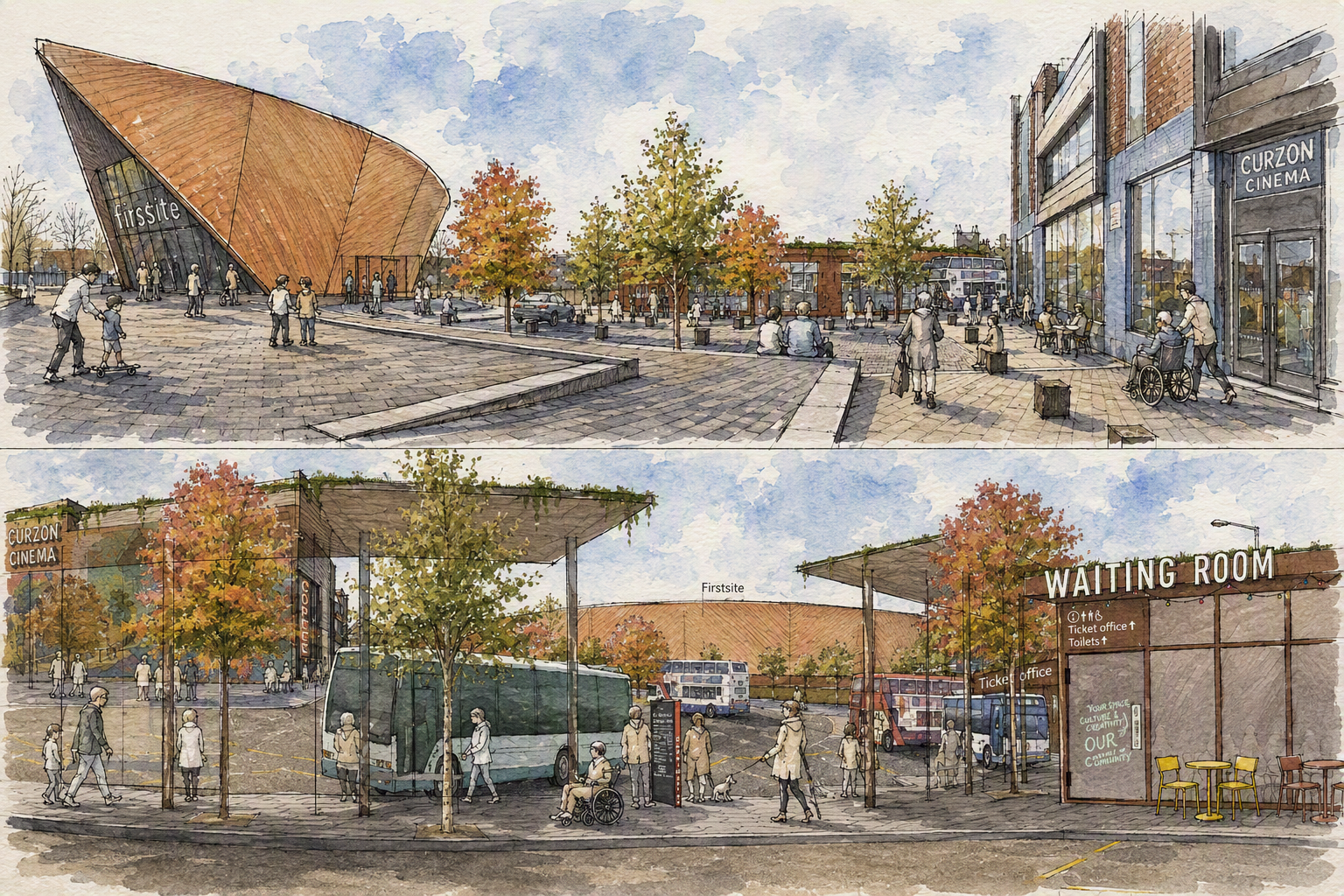 Artist impression image showing how a new bus station could look at Painters Yard.This shows an open space and First Site in the background