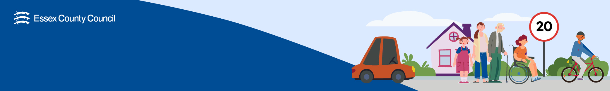 Banner image showing cartoon-like people of a variety of ages and a car with a 20mph speed limit sign in the background. The image also includes the Essex County Council logo.