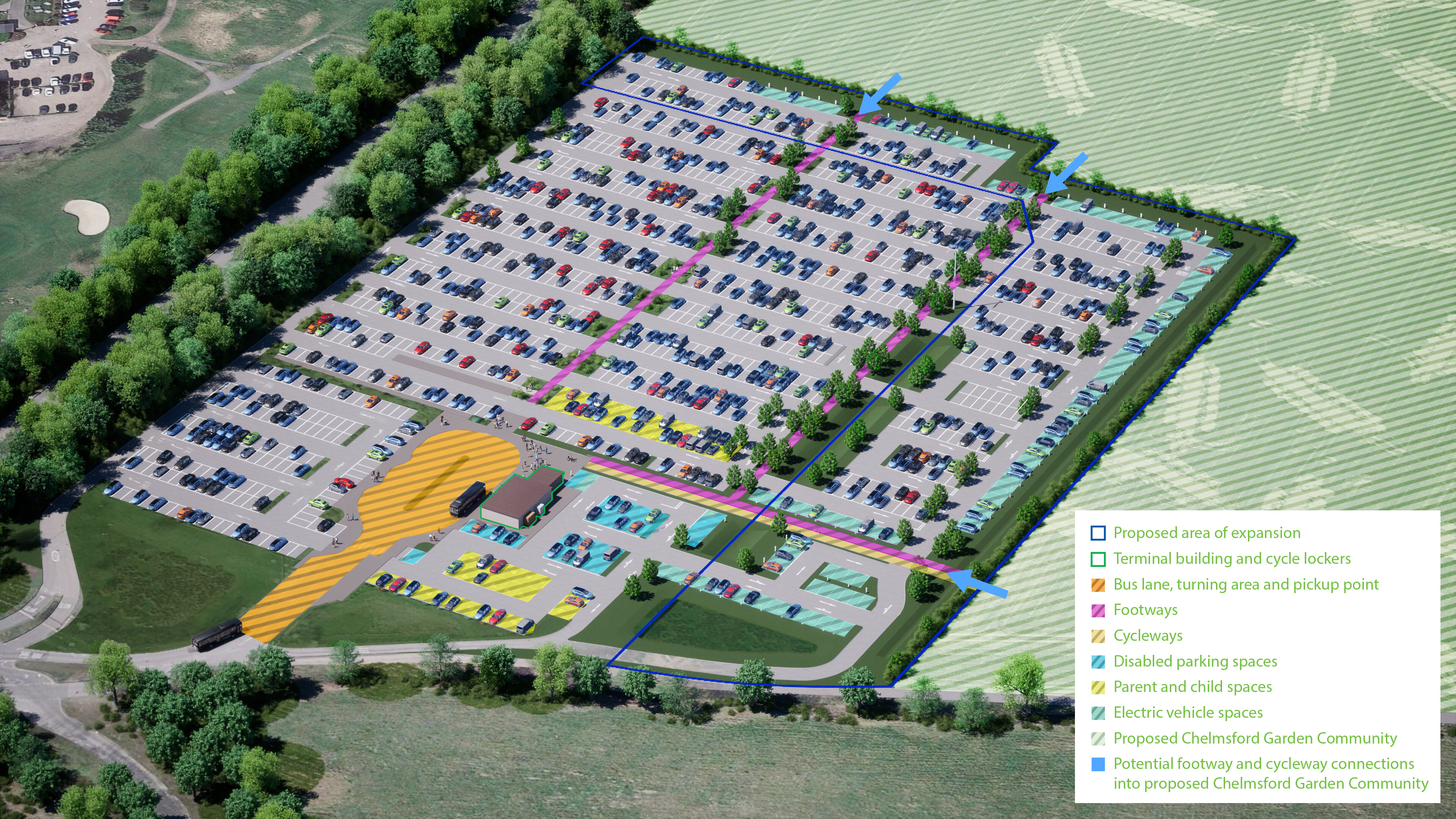 Visualisation showing the proposed layout of the expanded Chelmer Valley Park and Ride site
