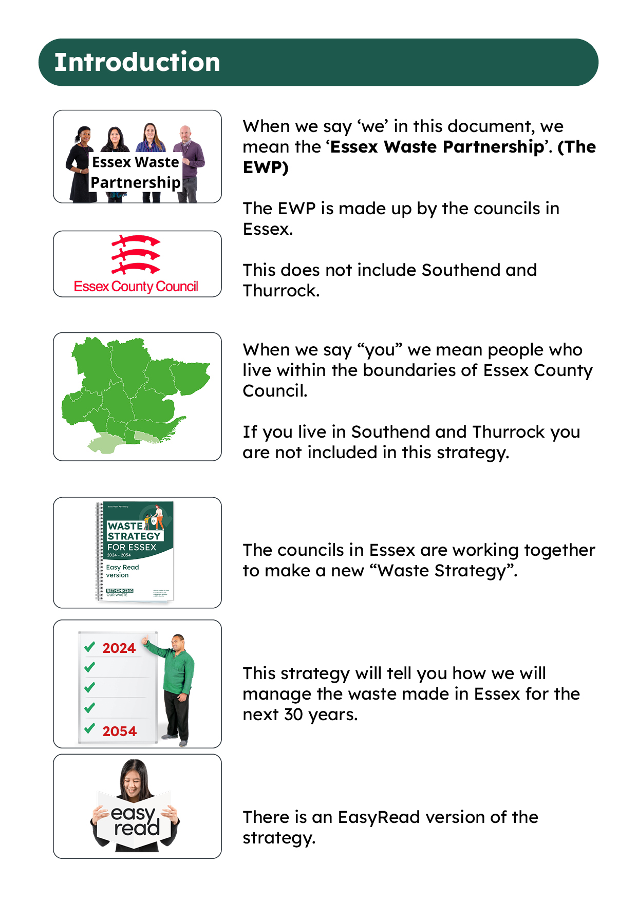 Title:Introduction. Image: 4 people holding a Essex Waste Partnership sign. This represents When we say ‘we’ in this document, we mean the ‘Essex Waste Partnership’. (The EWP) The EWP is made up by the councils in Essex. IMAGE: Essex county council logo. This represents This does not include Southend and Thurrock.  IMAGE: Map of Essex. This represents  When we say “you” we mean people who live within the boundaries of Essex County Council. If you live in Southend and Thurrock you are not included in this strategy.. IMAGE:  Document with Waste strategy for Essex title. This represents The councils in Essex are working together to make a new “Waste Strategy”. IMAGE:  A person pointing to a calendar from the year 2024 to 2054 with 5 green ticks next to the years. This represents This strategy will tell you how we will manage the waste made in Essex for the next 30 years. Image: Person reading a book with easy read title on this. This represents - There is an EasyRead version of the strategy.