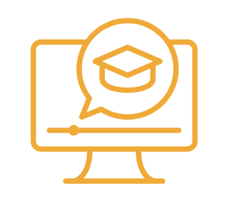 Yellow outline of a computer screen with a graduation hat in a speech bubble. 